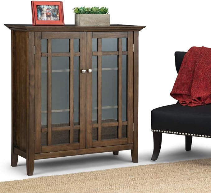 SIMPLIHOME Bedford Storage Cabinet - 39 inch Wide Solid Wood Medium Cabinet in Rustic Natural Aged Brown, Transitional Console for Living Room, Entryway, or Dining Room with Glass Doors and Shelves