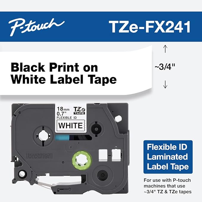 Brother P-touch Genuine TZe-FX241, ~3/4" (0.7") Black on White Flexible Cable/Wire Laminated Tape –26.2 ft(8m) (TZEFX241)