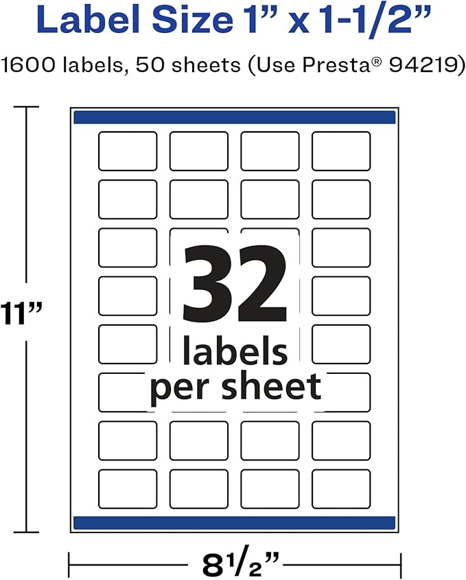 Avery Glossy White Rectangle Labels, Sure Feed Technology, 1" x 1.5", 1,600 Glossy White Labels, Print-to-The-Edge, Permanent Adhesive, Laser/Inkjet Printable