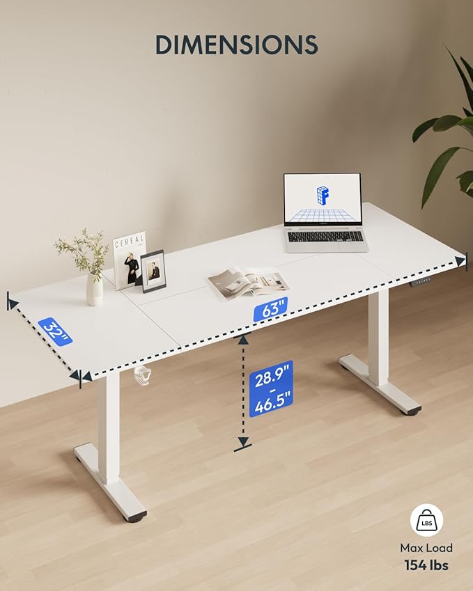 FLEXISPOT 63x32 Inch Electric Large Standing Desk for Home & Office, Spacious Splice Board Desk with Cable Management & Organizer, Cup Holder & Hook, White