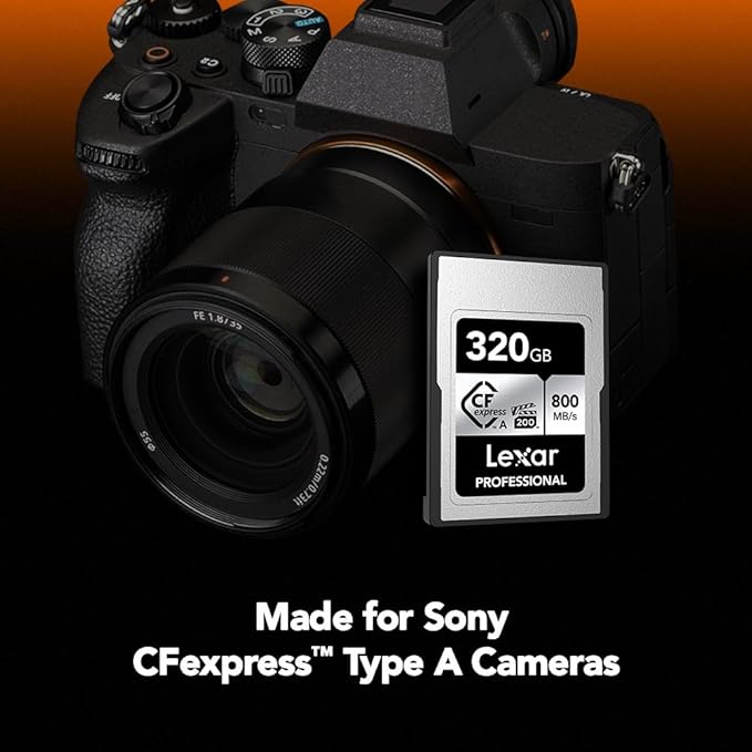 Lexar 320GB Professional CFexpress Type A SILVER Series Memory Card, Compatible with Sony Cameras w/ Type A Card Slot, Up to 800/700 MB/s Read/Write, 8K Video, VPG 200 (LCAEXSL320G-RNENG)