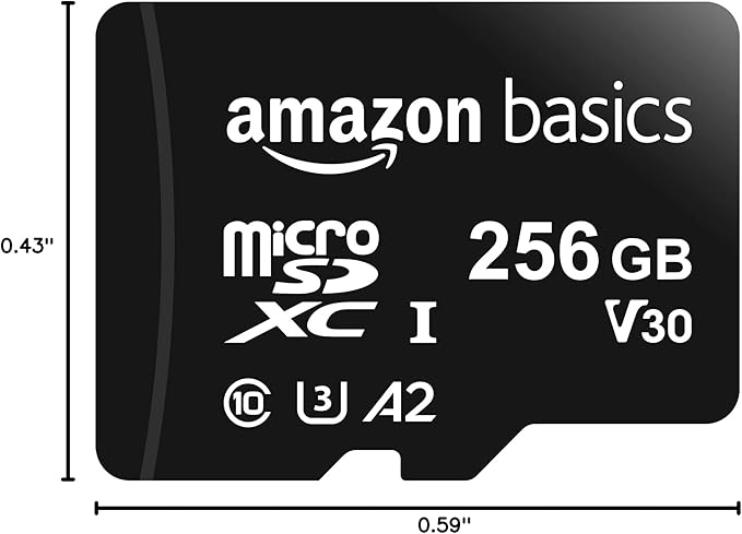 Amazon Basics Micro SDXC Memory Card with Full Size Adapter for Smartphones, Tablets, Action Cameras, Full HD, A2, U3, Read Speed up to 100 MB/s, 256 GB, Black