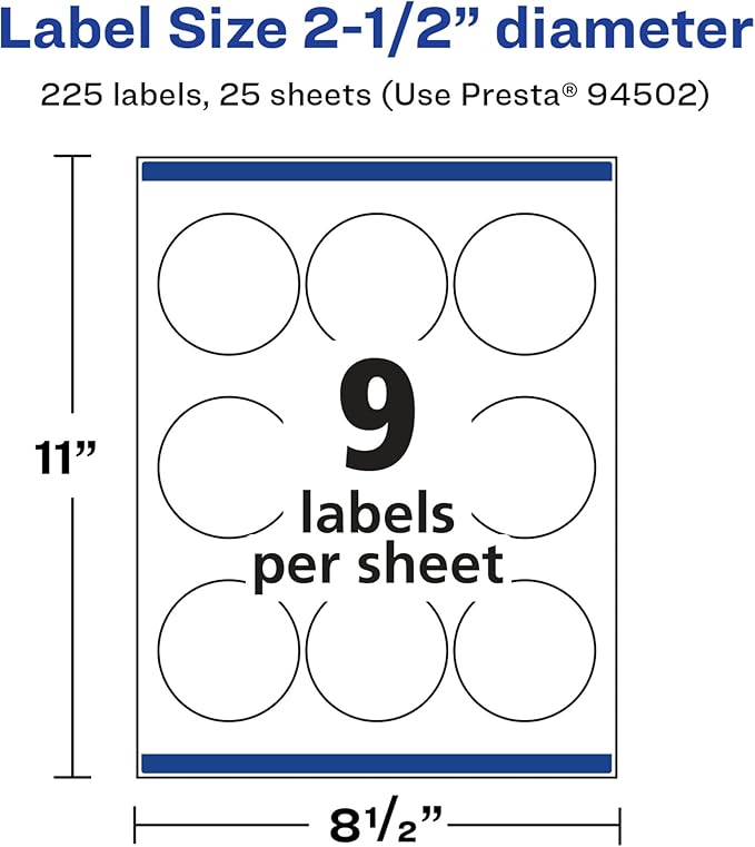 Avery Glossy White Round Labels, Sure Feed Technology, 2.5" Diameter, 225 Glossy White Labels, Print-to-The-Edge, Permanent Adhesive, Laser/Inkjet Printable