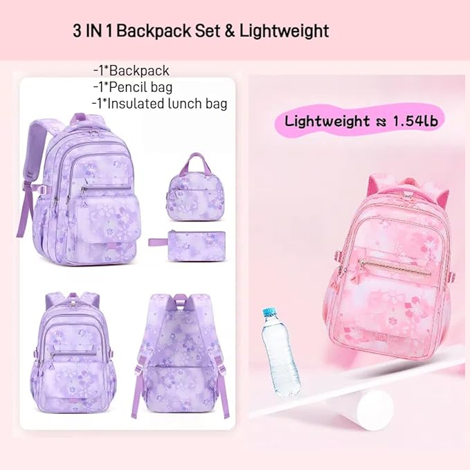 3Pcs Set Backpacks for Girls Teen, Cute Flowers School Bag Girls Bookbags with Lunch Box Pencil Bag, Multi-Pockets Kids Backpack for Elementary & Middle School, Purple