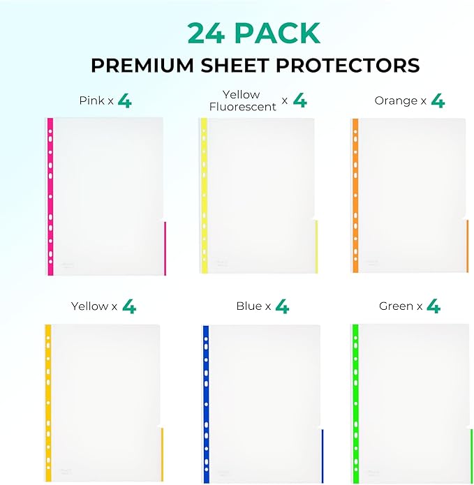 24 Pack, Color Edges Plastic Sheet Protectors 8.5"x11", Premium Heavy Duty, Top & Side Loading, Page Protectors Sheet Reinforced 11-Hole Fit for 2/3/4 Ring Binder