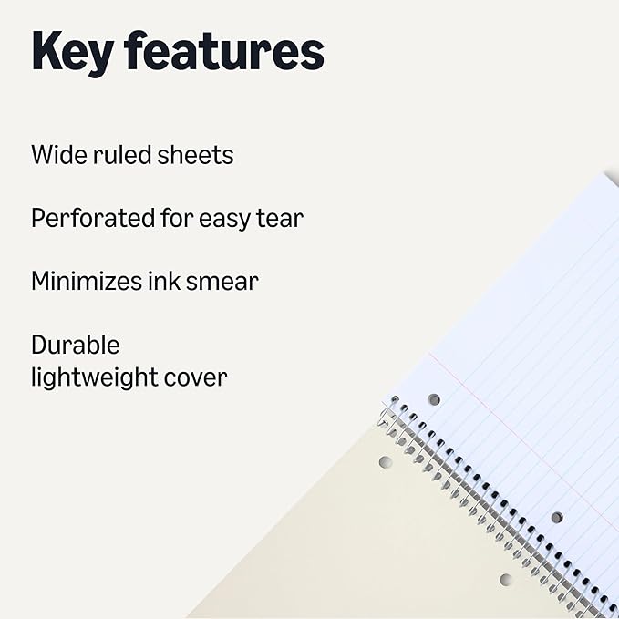 Amazon Basics Wide Ruled Spiral Notebook, 3-Subject with Pocket Divider, 150 Sheets, 8''x10.5'', Assorted Primary Colors, 3 pack