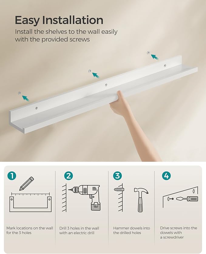 SONGMICS Floating Shelves, Set of 3 Wall Shelves, 31.5-Inch Wide, for Photo Frames and Trinkets, for Living Room, Home Office, Kitchen, Bathroom, White ULWS081W01