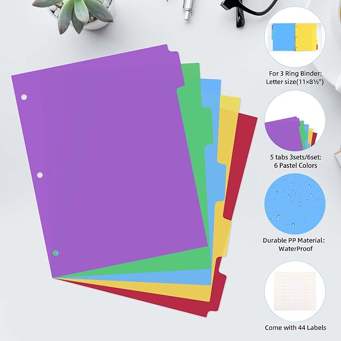 Dividers for 3 Ring Binders,5 TAB Binder Dividers,Plastic, Multicolor Binder separators with tabs，Colored 6 Sets