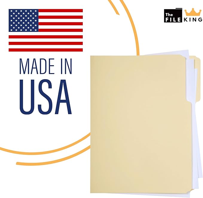 The File King 1/3 Cut File Folders Letter Size - 100 Pack | Manilla Folders 8.5 x 11 | Assorted 3 Tabs | Heavy Duty 11-Point Fiber | Made in USA | Undercut Front Style | Easy Labeling & Organization