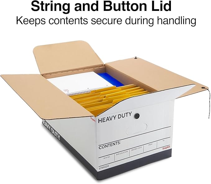 STAPLES Heavy Duty File Box, String and Button Lid, Legal, White/Gray, 4/Pack