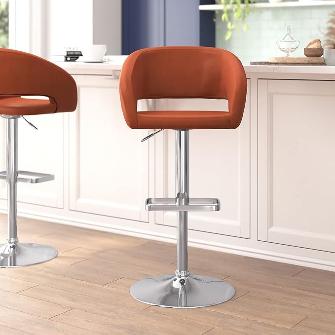 Flash Furniture Erik Comfortable & Stylish Contemporary Barstool with Rounded Mid-Back and Foot Rest, Adjustable Height - Cognac Vinyl with Chrome Base