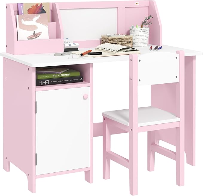 Qaba Toddler Desk and Chair Set, Kids Writing Desk Study Table for Children with Whiteboard, Storage Cabinet, Child Furniture, Art Gifts for Kids, Pink