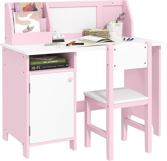 Qaba Toddler Desk and Chair Set, Kids Writing Desk Study Table for Children with Whiteboard, Storage Cabinet, Child Furniture, Art Gifts for Kids, Pink