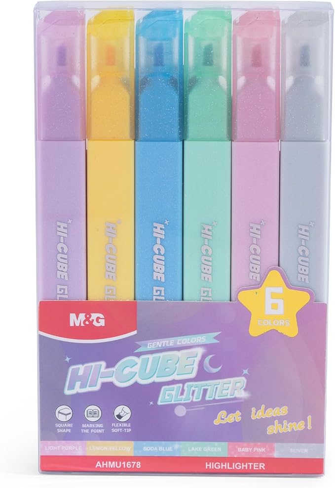 M&G HI-CUBE Glitter Highlighters, 6 Pack Gentle Colors with Glitter Ink, No Bleed Soft Chisel Tip for Bible Study, Cute Aesthetic Highlighters for Journaling, Planners & Notes