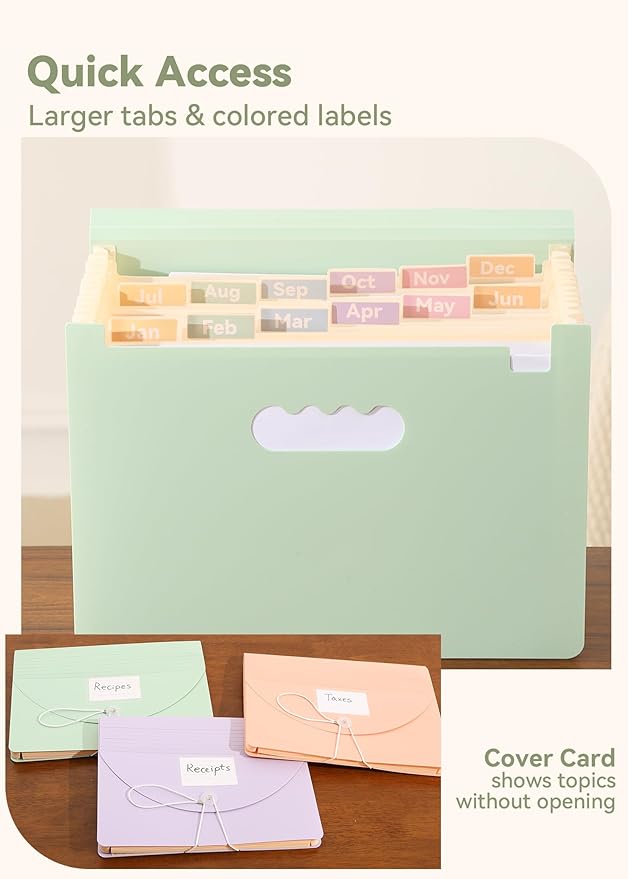 Accordion File Organizer 12 Pockets, Monthly Bill Receipt Tax Organizer, Expanding File Folders with Larger Bright Tabs, Fits Letter/A4 Size - Green
