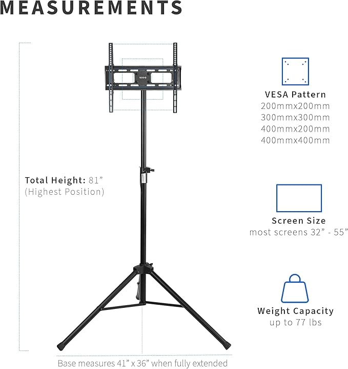 VIVO Tripod 32 to 55 inch LCD LED Flat Screen TV Display Floor Stand, Portable Height Adjustable Mount, Black, STAND-TV55T