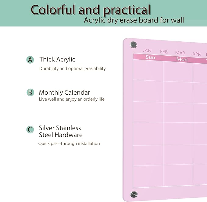 Acrylic Calendar Dry Erase Board for Wall,15.7''x11.8'',Pink Monthly Calendar Whiteboard for Home,Office, School