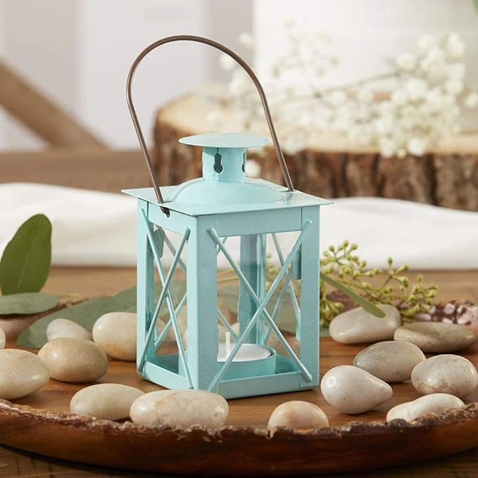Kate Aspen Decorative Lanterns - Set of 24 - Luminous Metal Lantern Tealight Candle Holders for Wedding, Home Decor and Party - 4.5" H (6.5" H with Handle) – Blue