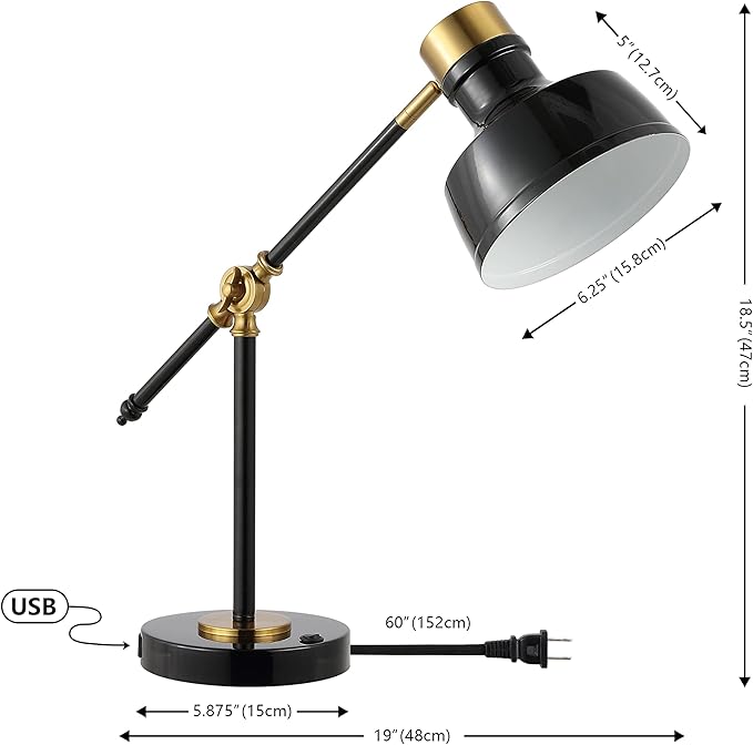 JONATHAN Y 18.5" Black/Brass Gold Adjustable Cantilever LED Task Lamp with USB Charging Port, Vintage Farmhouse Desk Lamp for Home Office Reading, Metal Shade JYL7124A