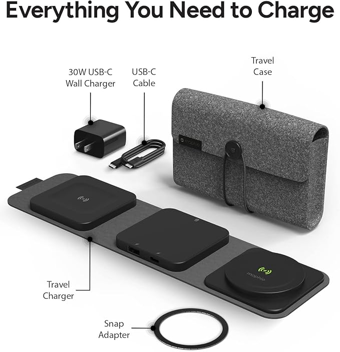 mophie Wireless 3 in 1 Travel Magnetic Wireless Charging Station, Multiple Devices, Compatible with Apple iPhones, Google, Samsung Devices, AirPods, BYO Watch Charger. (Watch Charger not Included)