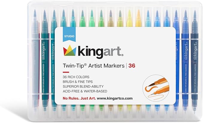 KINGART Dual Tip Brush Markers Art Pen Set, Artist Fine and Brush Tip Colored Pens, for Drawing, Lettering Calligraphy Journaling, Bible, Crafts, Set of 36 Bright Colors in Travel Storage Case