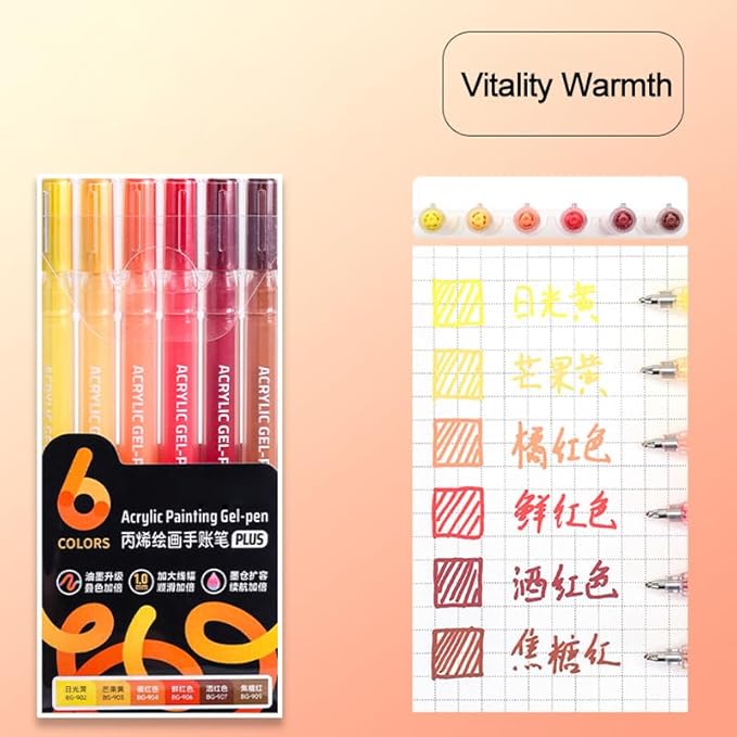 Acrylic Gel Pens for Coloring Books, Quick Dry 6 Pcs 1.0mm Fine Point Gel Marker Pen for Drawing, Journaling Art, Warm Color