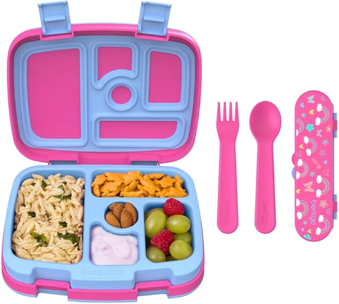 Bentgo® Kids Prints 5-Compartment Bento-Style Kids Lunch Box Set with Reusable Plastic Utensils (Rainbows and Butterflies)