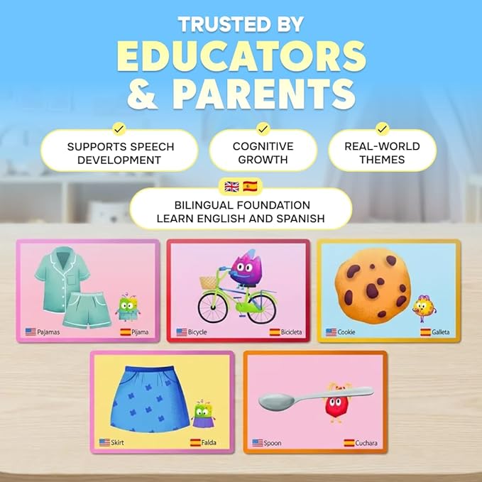 Kidrox My First 100 Words Flash Cards, English Vocabulary Cards with Spanish Translations, Interactive Pull Design