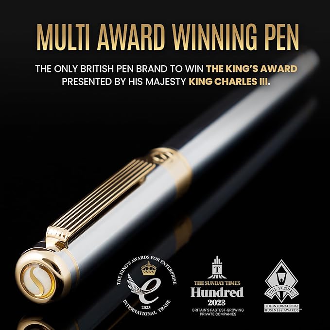 Scriveiner Silver Chrome Fountain Pen - Stunning Luxury Pen, Real Gold Finish, Schmidt Gilded Nib (Broad), Best Gift Set for Men & Women, Professional, Executive Office, Nice Designer Pens