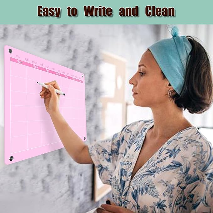 Acrylic Calendar Dry Erase Board for Wall,15.7''x11.8'',Pink Monthly Calendar Whiteboard for Home,Office, School