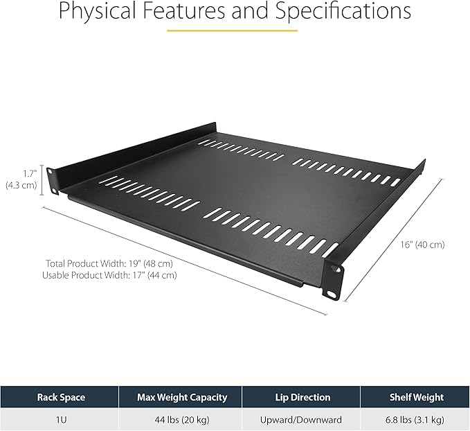 StarTech.com 2-Pack 1U Server Rack Shelf, Vented Rack Mount Cantilever Shelf, Heavy-Duty Steel, 44lb/20kg Capacity, 16" Deep