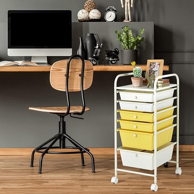 COSTWAY 6-Drawer Rolling Storage Cart, Multifunctional Art Craft Tools Organizer on Wheels, Heavy Duty Utility Mobile Storage Trolley w/ 2 Lockable Wheels for Home Office School (Yellow, Beige & Grey)