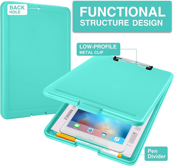 Sooez Clipboard with Storage, Plastic Storage Clipboards with Low Profile Clip, Nursing Clip Boards Foldable, Hanging Clipboard Case for Work, Teacher, Classroom Must Haves, Office School Supplies