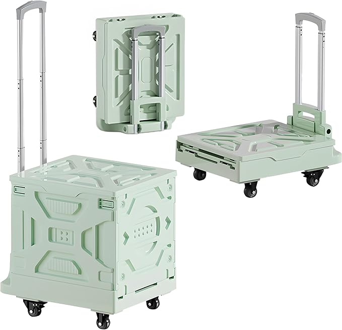 VECELO Foldable Utility Cart with Wheels - Heavy Duty Collapsible Rolling Cart for Shopping, Travel, Office & Home - Portable Luggage Cart with Telescoping Handle, Green