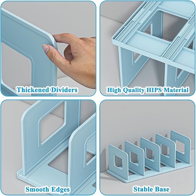 SAYEEC Desk File Sorter Vertical Desktop File Folder Organizer 4 Section Plastic Book Holder Adjustable Shelf Dividers Closet Purse Handbag Mail Binder Organizer Magazine Rack Stand Bookshelf (Blue)