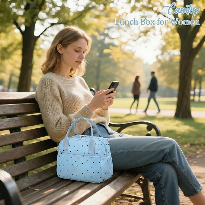 CAMTOP Lunch Box for Women Men Insulated Lunch Bag Lunch Tote Bag Leakproof Thermal Cooler Large Capacity for Travel Work School Picnic (Blue Black Dots)