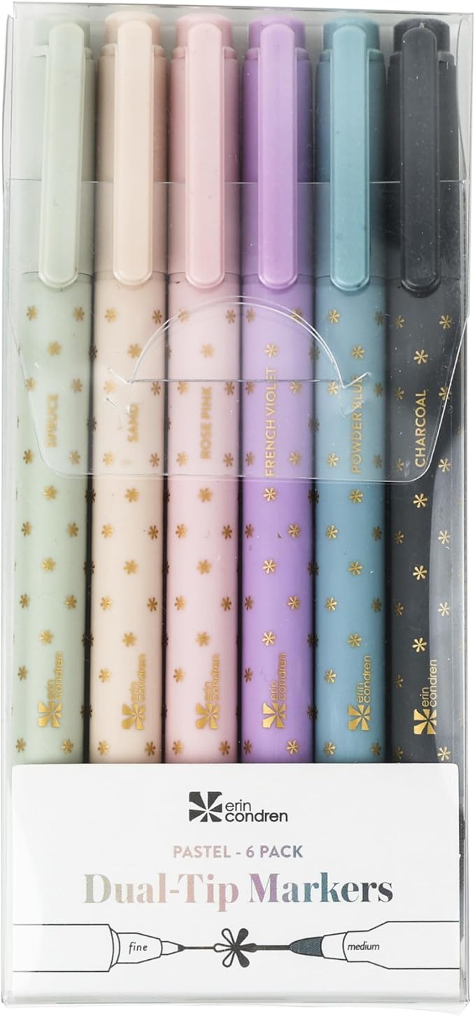 Erin Condren Dual Tip Markers, Colorful and Versatile Marker Set for Journals, Planners, and Note-Taking, Includes Fine Tip and Medium Tip, Pastel, Set of 6