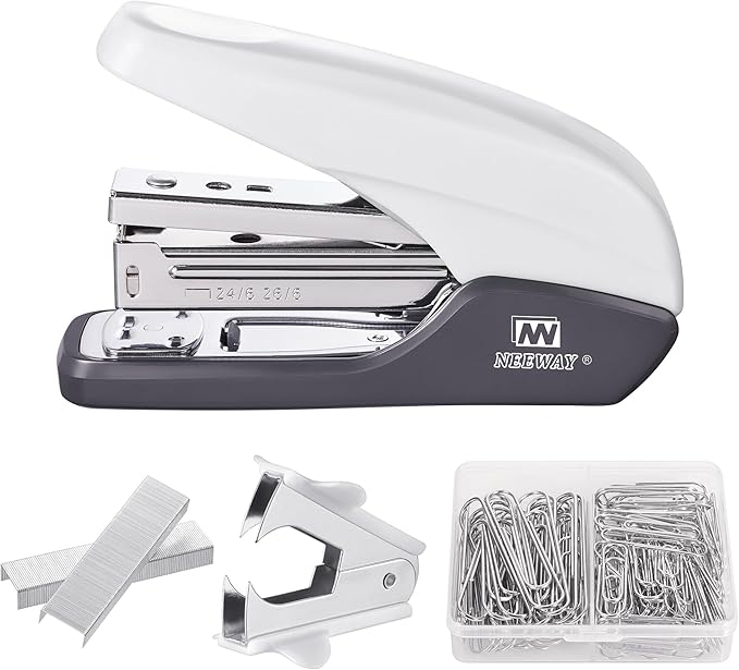 NEEWAY Effortless Stapler 25 Sheets Capacity, Jam Free, 4 in 1 Office Supplies Set with Staple Remover, 100pcs Paper Clips and 1000 Staples for Desk, Home (White)