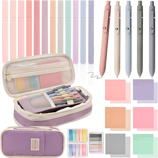 Aesthetic School Supplies with Pencil Pouch - 27Pcs Cute College Essentials Set, Big Capacity Pen Case, Pastel Highlighters, Bible Study Journaling Stationary, Annotation Kit Stuff Gift for Girls Teen