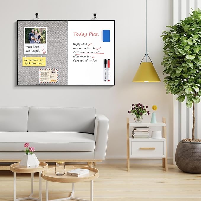 ARCOBIS Cork Board White Board Combo, 36"X24" Linen Bulletin Board Whiteboard for Wall, Magnetic Dry Erase Corkboard for Home, Office, School, Grey