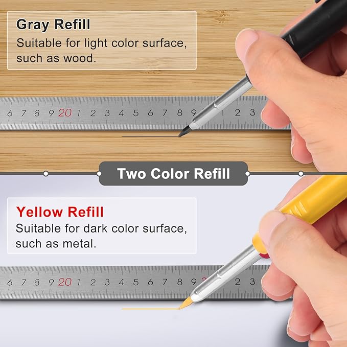 MECHEER 2 Pack Carpenter Pencils Construction Pencil with 12 Refills, Mechanical Carpenter Pencils with Built-in Sharpener, Long Nib Deep Hole Heavy Duty Woodworking Pencil Marker (Black, Yellow)