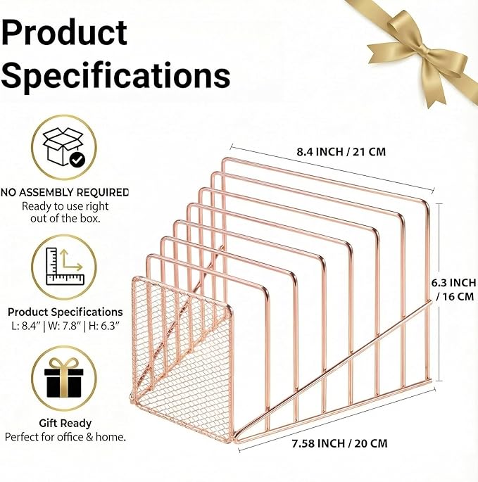 Simmer Stone 2 Pcs Incline File Sorter, 7 Slot Magazine Holder for Letter, Document, Folder and Book, Metal Desktop Organizer Rack for Home, School and Office (2-rose gold)