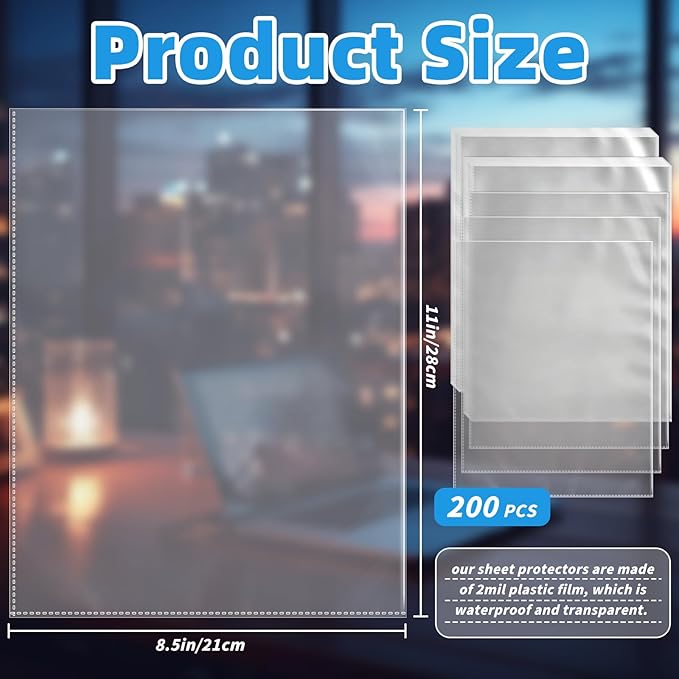 200 Pack No Holes Sheet Protectors, 8.5" x 11", Letter Size Heavy Duty Clear View Page Sleeves Protectors, Clear Paper Document Artwork Protectors