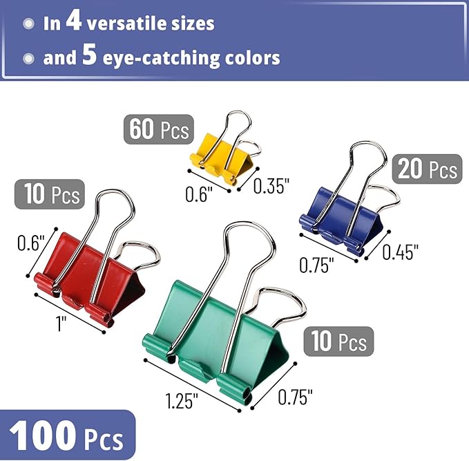 Mr. Pen- Metal Binder Clips, 100 pcs, Assorted Sizes, Colored Binder Paper Clips, Bulk Paper Clamps for Office Supplies, Home, School, Business, Document Organizing