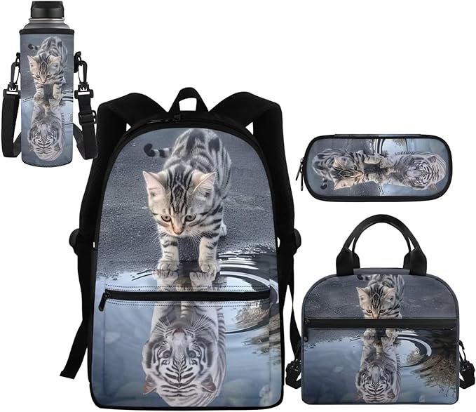 Cat Tiger Backpack for Girls with Lunch Box Pencil Purse 3-5 6-8 10-12 Kids School Bag Children Schoolbag Elementary Kindergarten Preschool Bookbag Water Bottle Sleeve