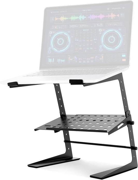 Pyle DJ Laptop Stand with Storage Shelf, Portable Adjustable Computer Stand for Laptop, Height Adjustable Laptop Floor Stand for DJ Booth, Studio, Live Events, and Home Use