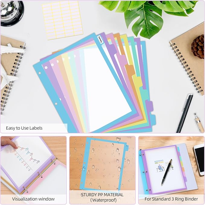 16Pcs/2 Set 8 Tab Dividers, Clear Plastic Binder Dividers with Tabs, for 3 Ring Binder, Letter Size, Multicolor