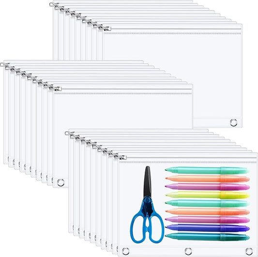 Lincia 30 Pack Clear Pencil Pouch for 3 Ring Binder Zippered 3 Ring Binder Pocket Inserts Bag Pencil Case 10 x 7'' Visible Cash Envelope with Re-enforced Grommet for College Office