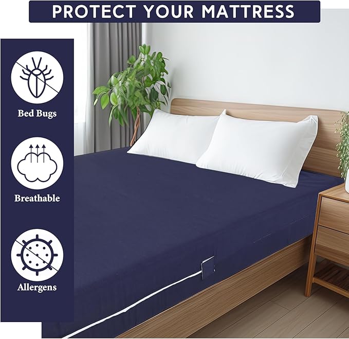 Zippered Mattress Fitted Protector Deep Mattress Encasement Soft Zipper Fitted Sheet Microfiber Bed Sheet Cover for Bed(Navy Blue,Twin,12-16in)