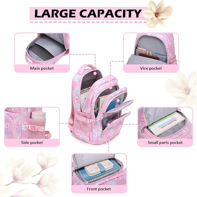 Girls Backpack with Lunch Box for Elementary Middle School,17 Inch Purple Lightweight School Backpack with Lunch Bags Set for Girls